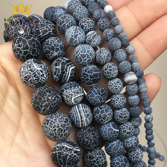 Round Frost Cracked Black Crab Agates Beads