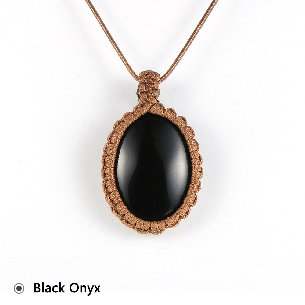 Women Men Natural Oval Gem Stone Necklace Crystal