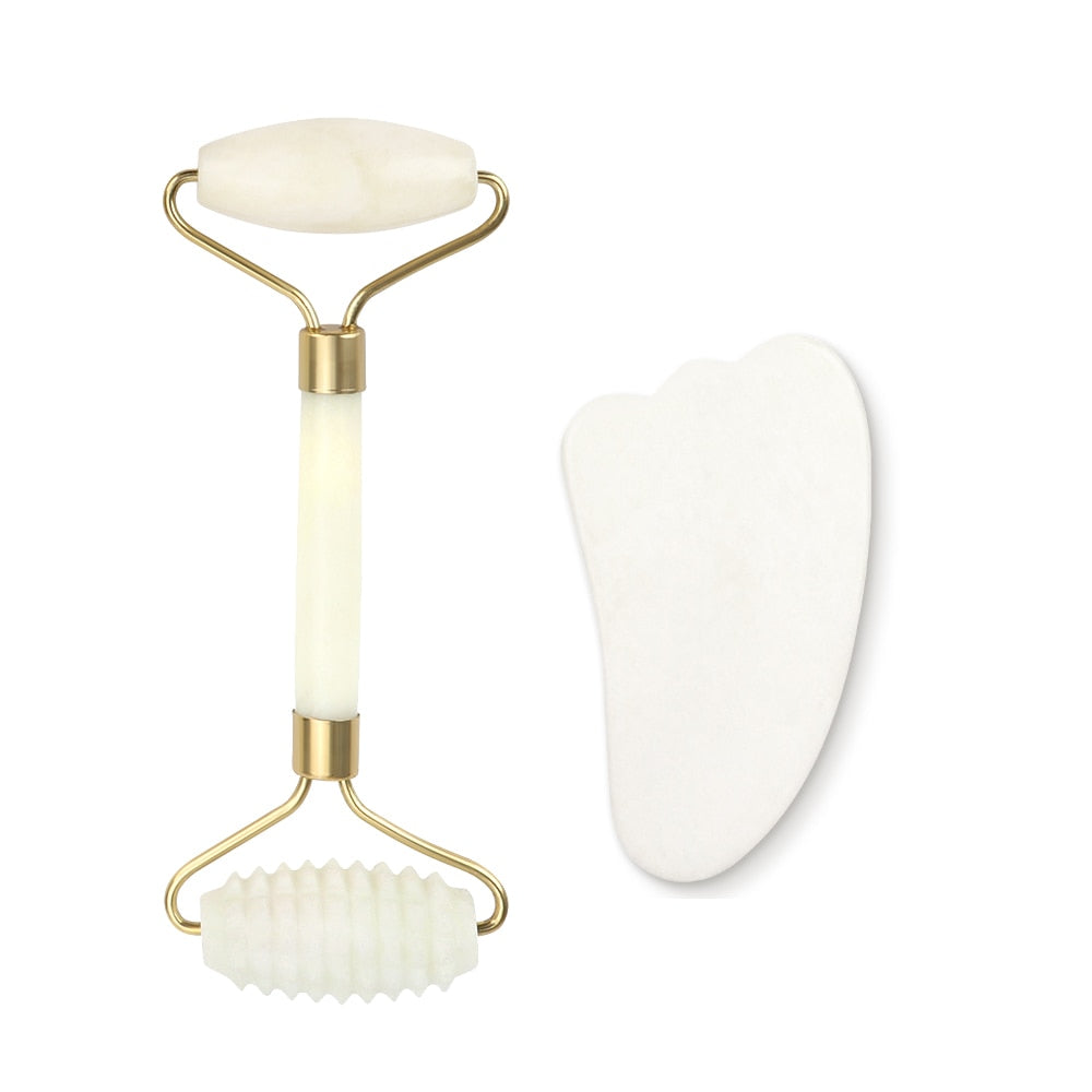 White Jade Roller Gua Sha Set Massage Tool White