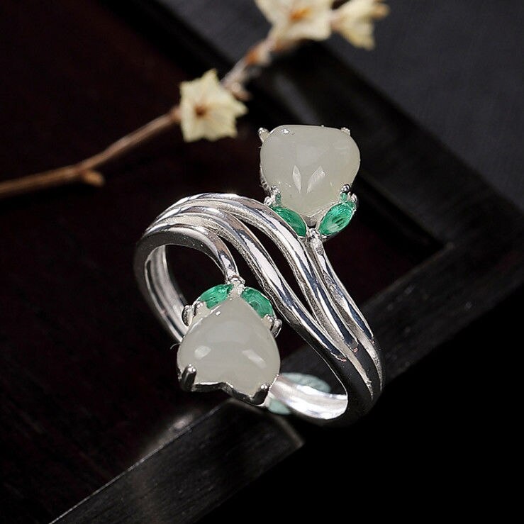 Sterling Silver Natural Hetian Jade Lotus Ring