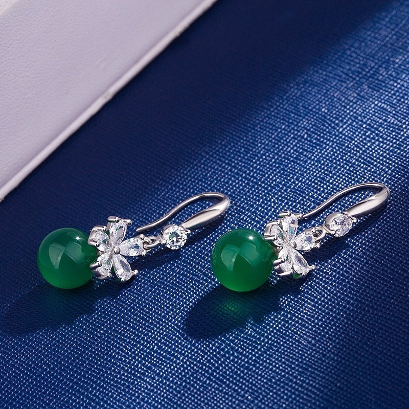 Natural Green Jade Chalcedony Round Drop Earrings
