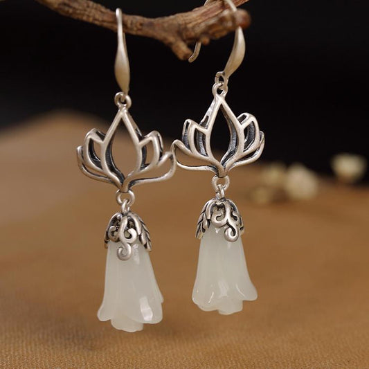 White jade magnolia flower earrings Chinese style