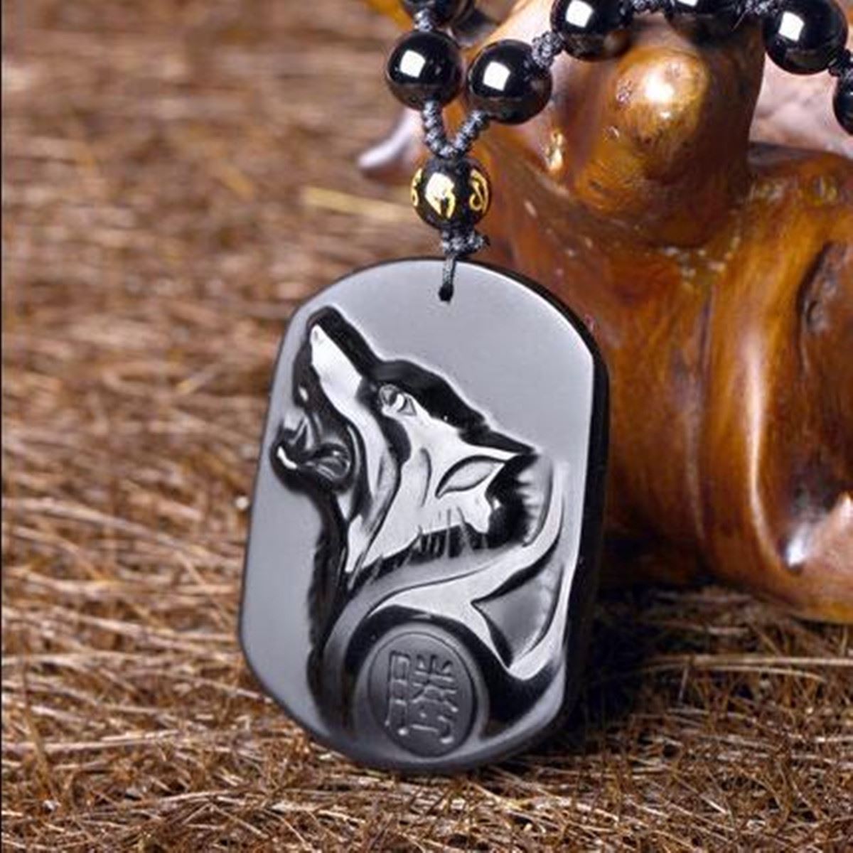 Black Obsidian Carving Wolf Head Amulet Necklace