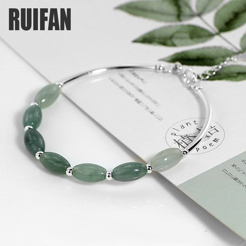 Natural Stone Green Jade 925 Sterling Silver Bangle Bracelets