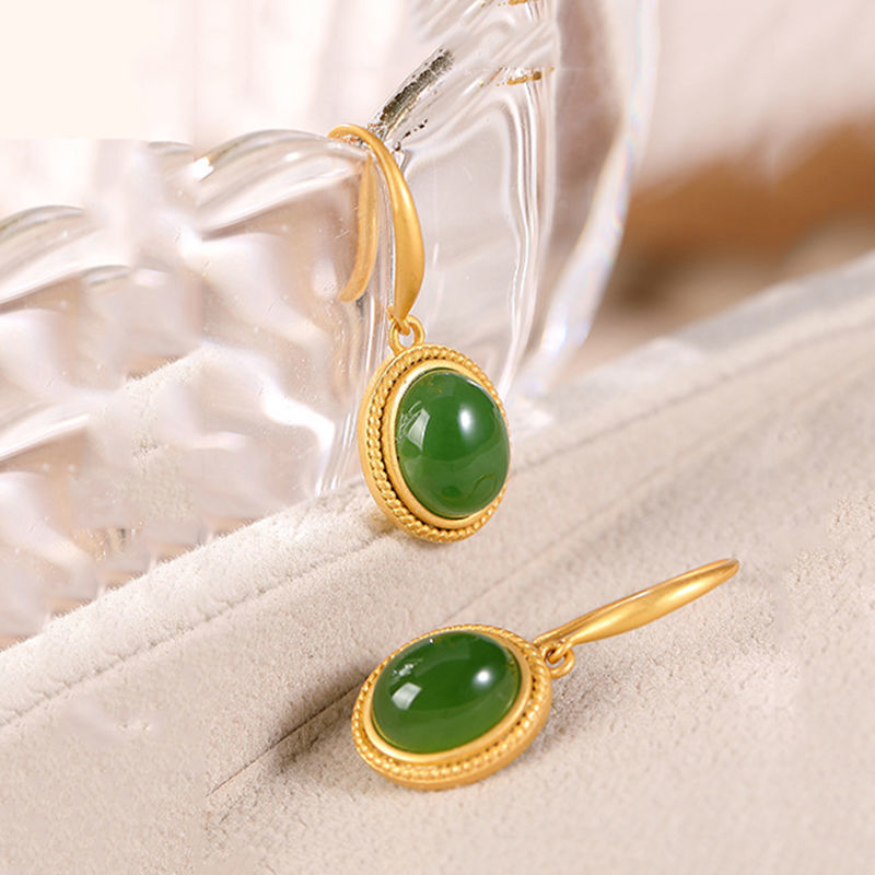 Natural Hetian jade green oval earrings exquisite