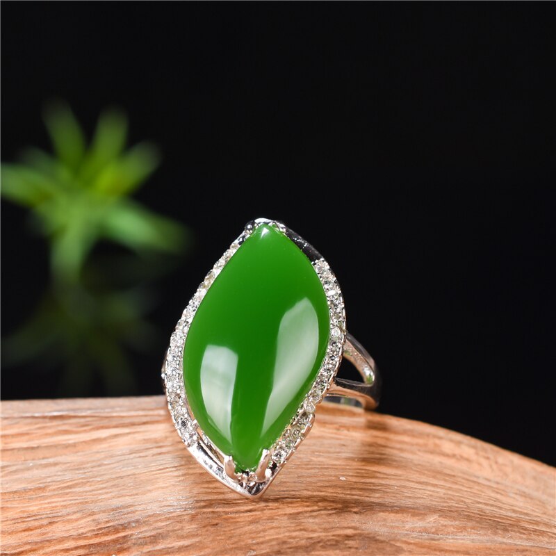 Natural Green Hetian Jade 925 Silver Ring Chinese