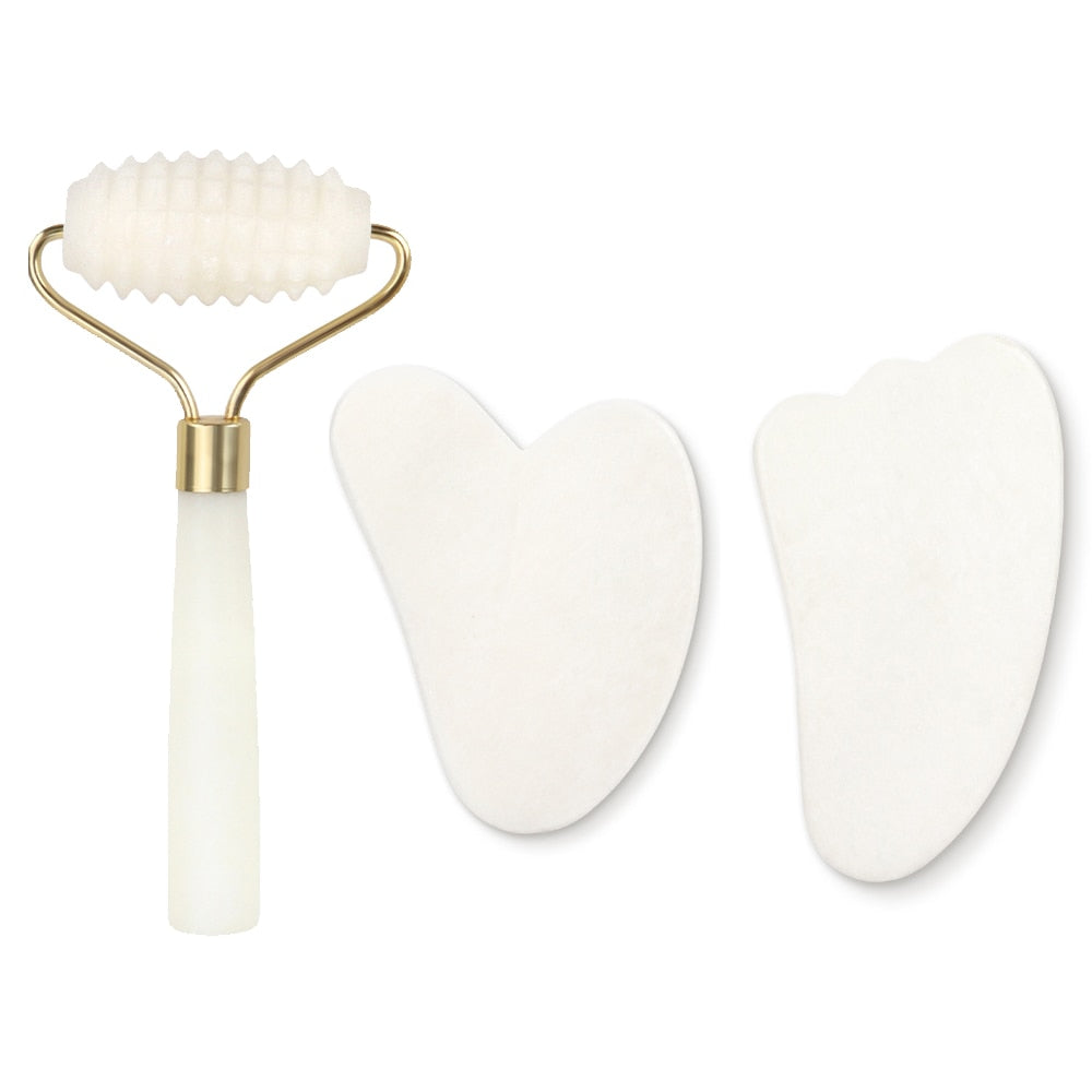 White Jade Roller Gua Sha Set Massage Tool White