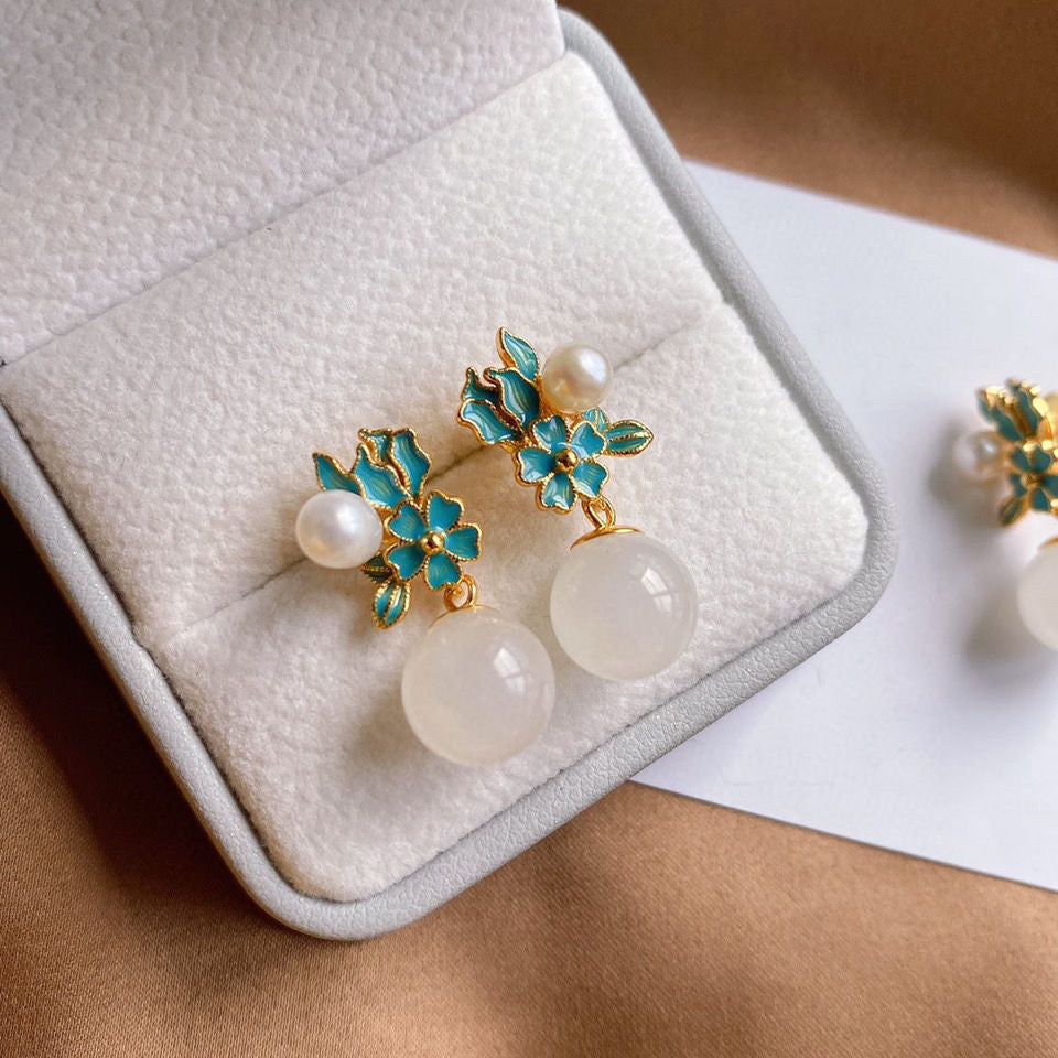 Flower Natural Hetian Jade Pearl Earrings