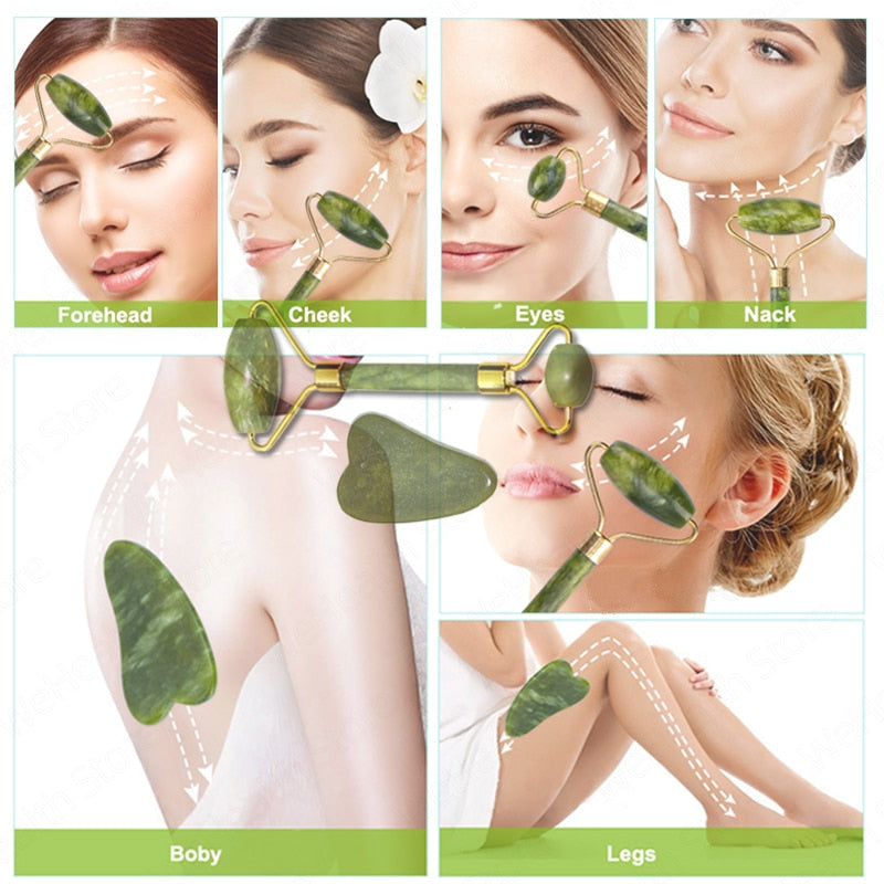 Natural Face Massager Guasha Jade Roller Scraper