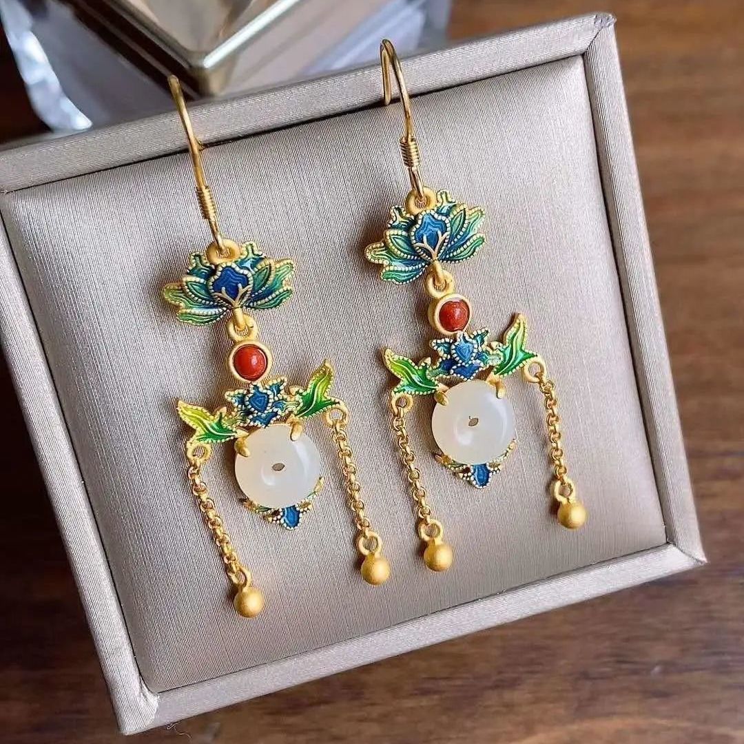 Natural Hetian  jade enamel porcelain Earrings