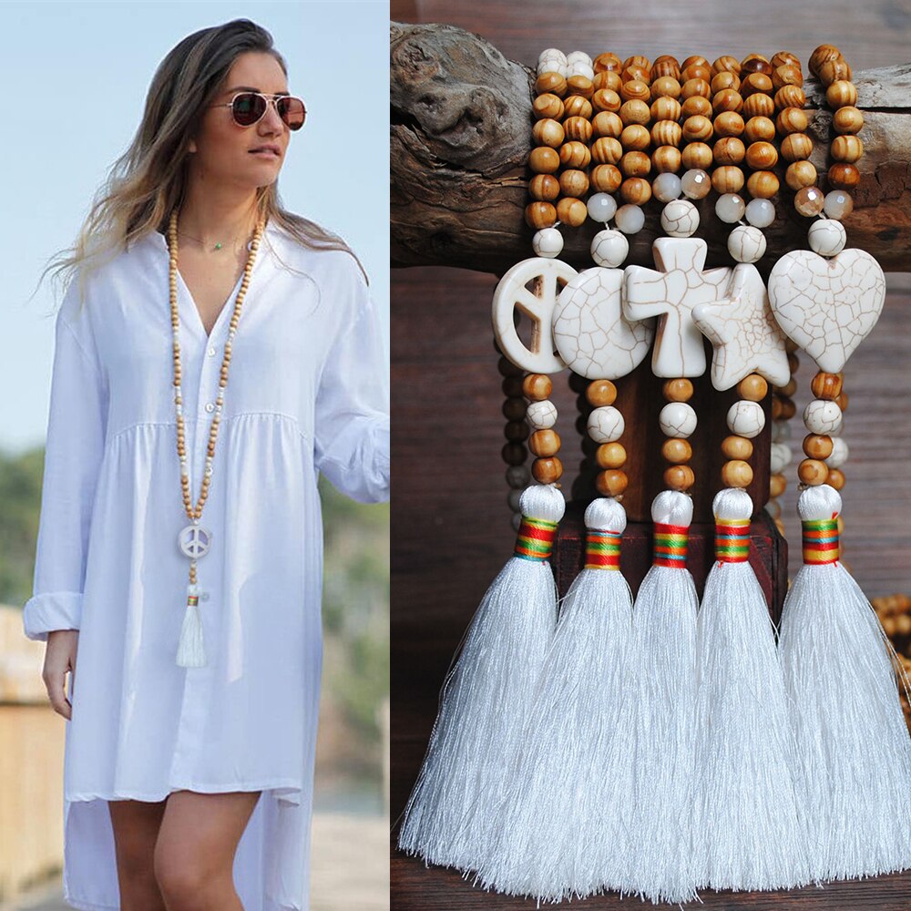 Bohemian Necklace Handmade Stones Tassels Wood