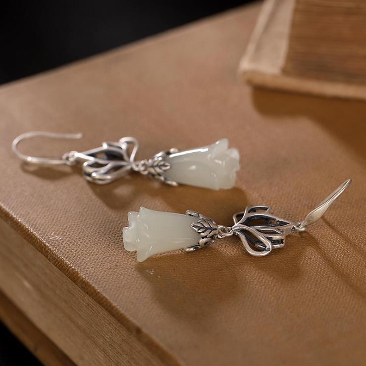White jade magnolia flower earrings Chinese style