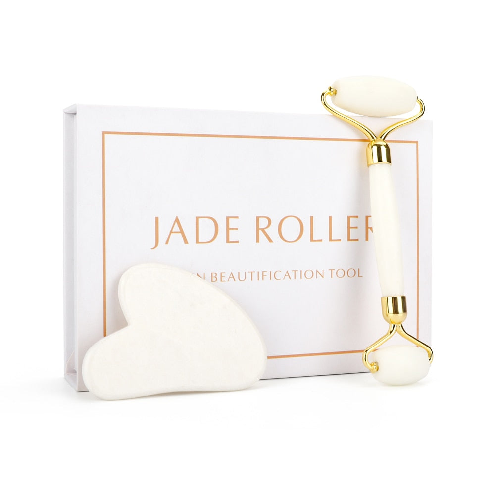 White Jade Roller Gua Sha Set Massage Tool White