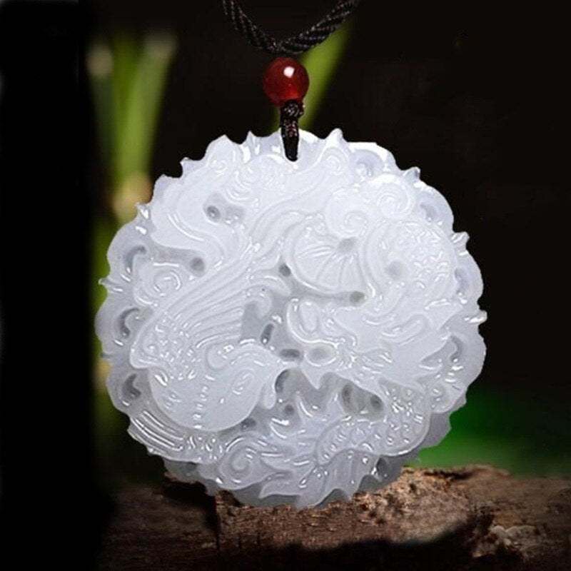 Natural White Jade Dragon Phoenix Pendant Necklace