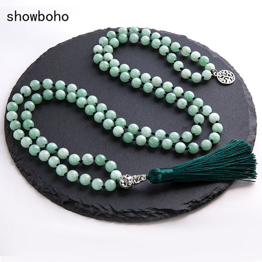 8mm Burmese Jade Knotted Beaded Mala Necklace