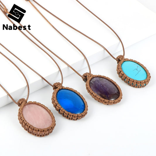 Women Men Natural Oval Gem Stone Necklace Crystal