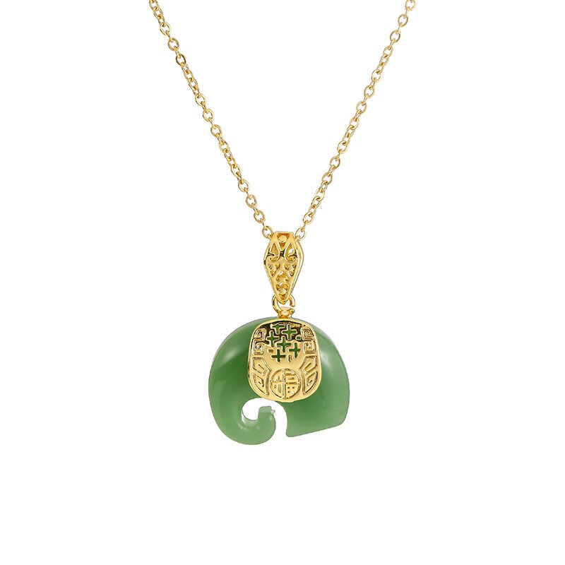 Stainless Steel 2 Color Jade Elephant Pendant Necklace