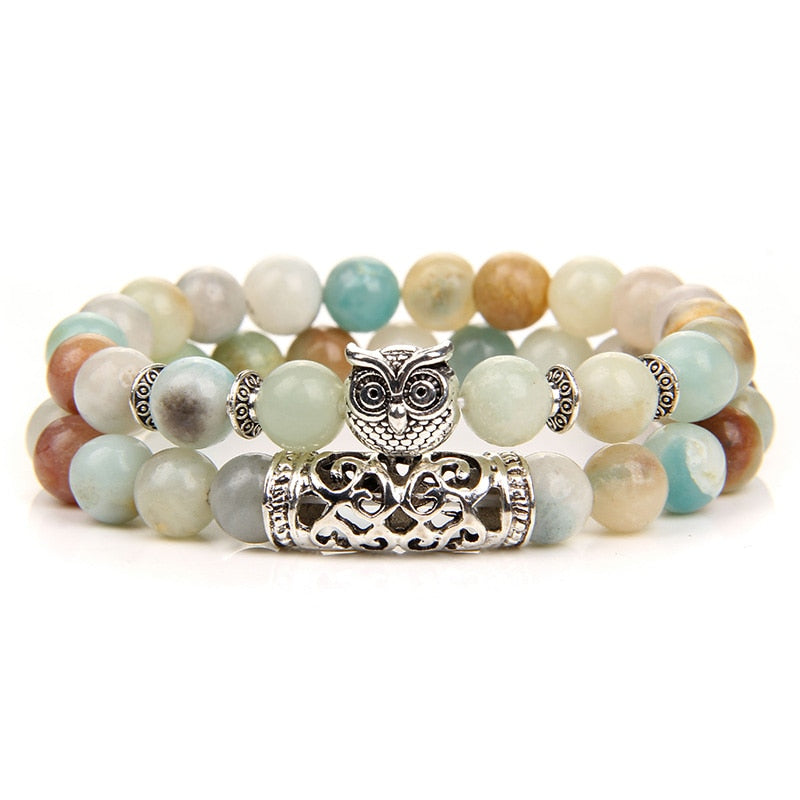 Owl Charm Bracelet Natural Stone Tiger Eye Lava