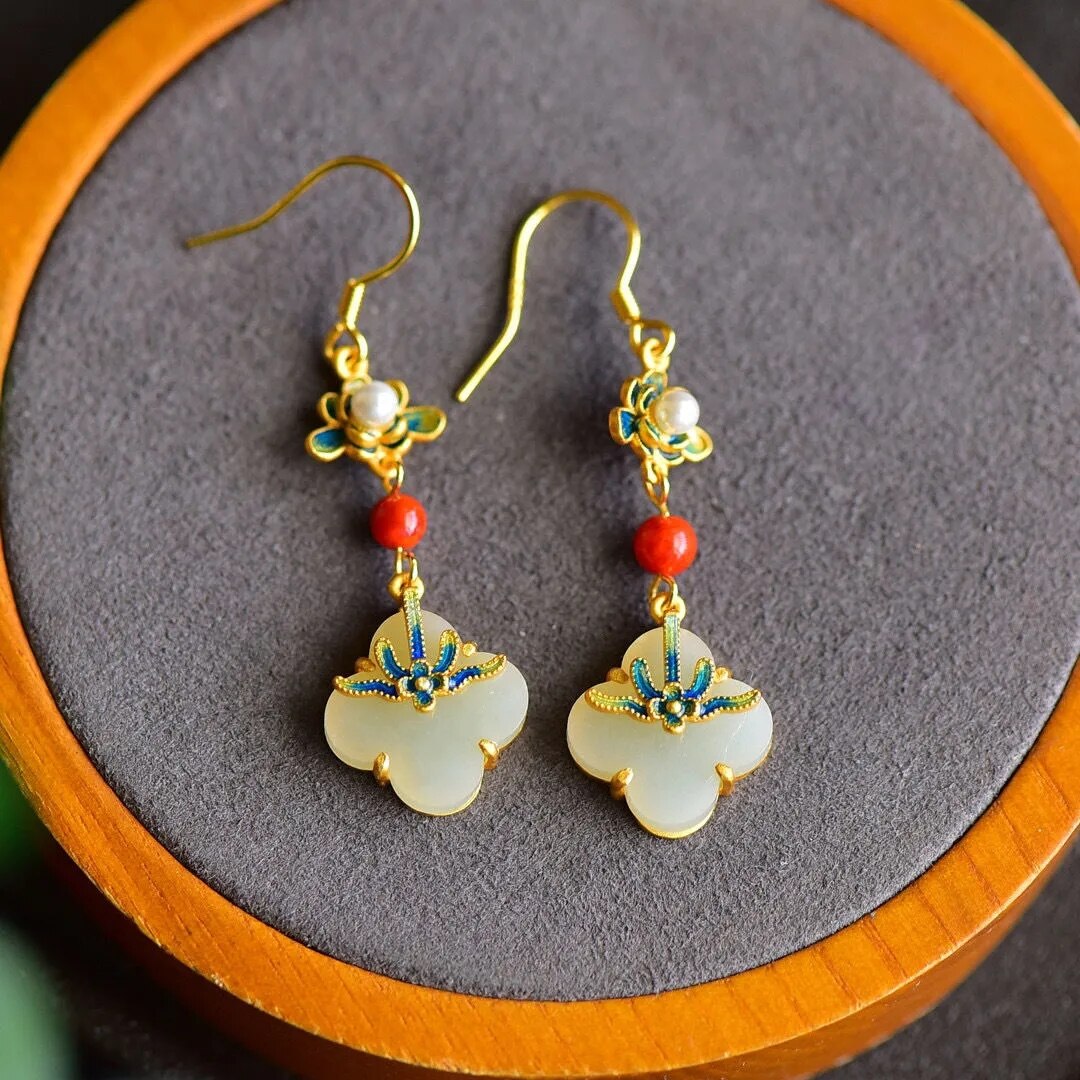 Natural Hetian  jade enamel porcelain Earrings