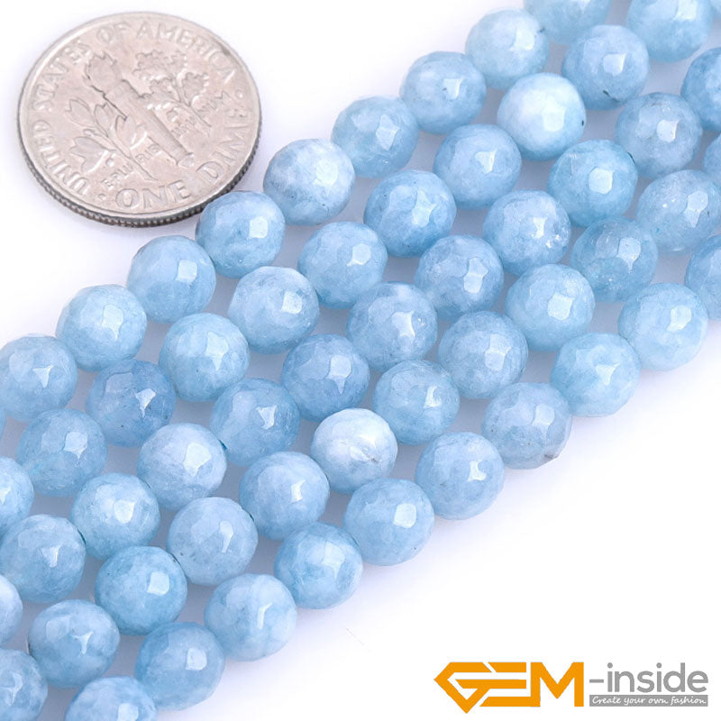 Blue Aquamarines Color Jades Faceted Round Beads