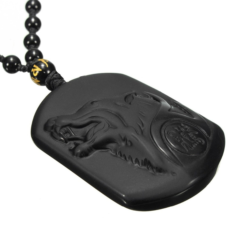 Black Obsidian Carving Wolf Head Amulet Necklace