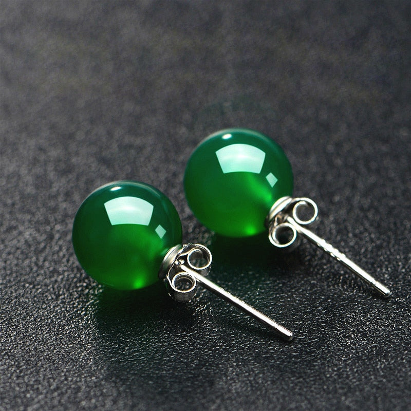 Natural Green Jade Chalcedony Round Earrings
