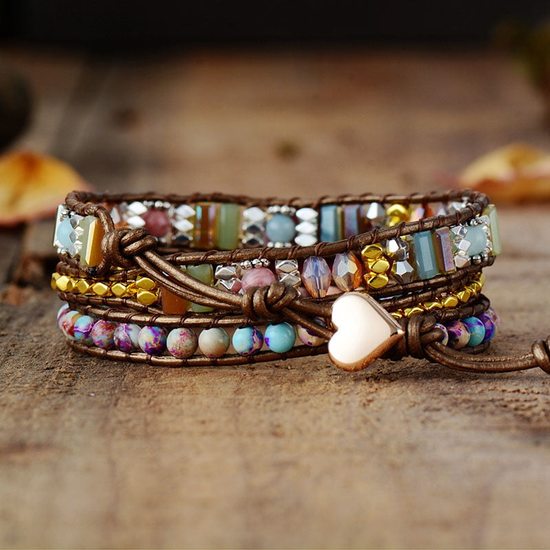 Leather Wrap Bracelet W/ Stones Multi Color Beads