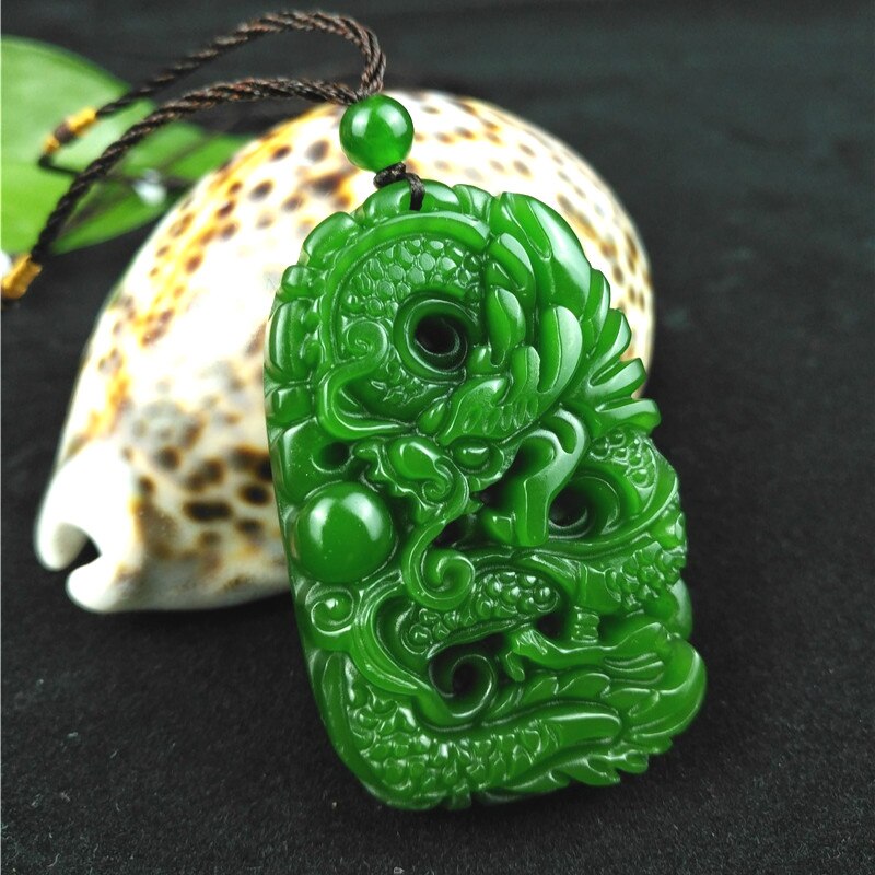 Green Hetian Carved Jade Stone Dragon Pendant