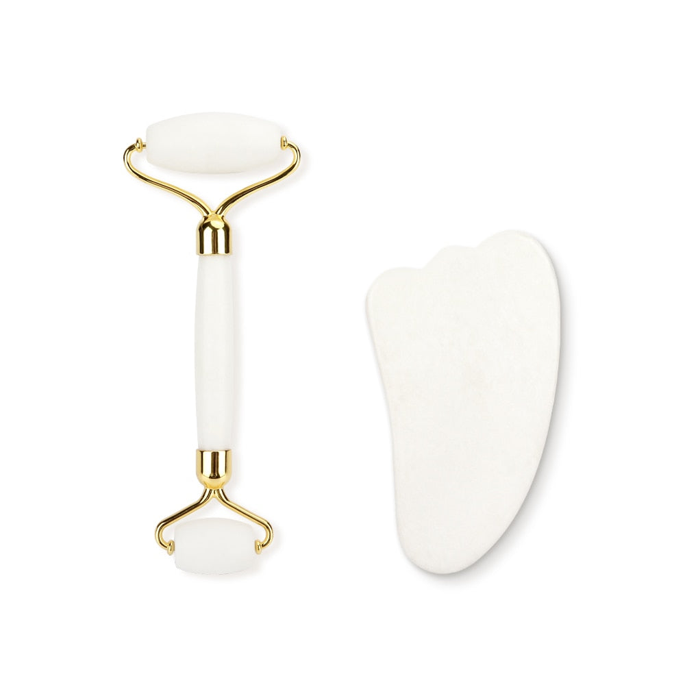 White Jade Roller Gua Sha Set Massage Tool White