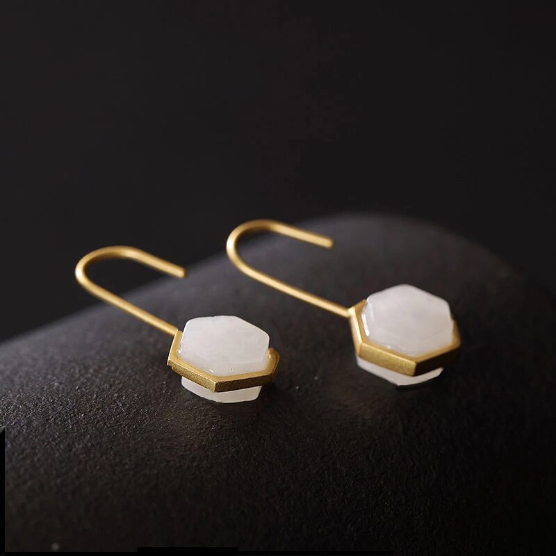 New Silver inlaid natural white Chalcedony earrings