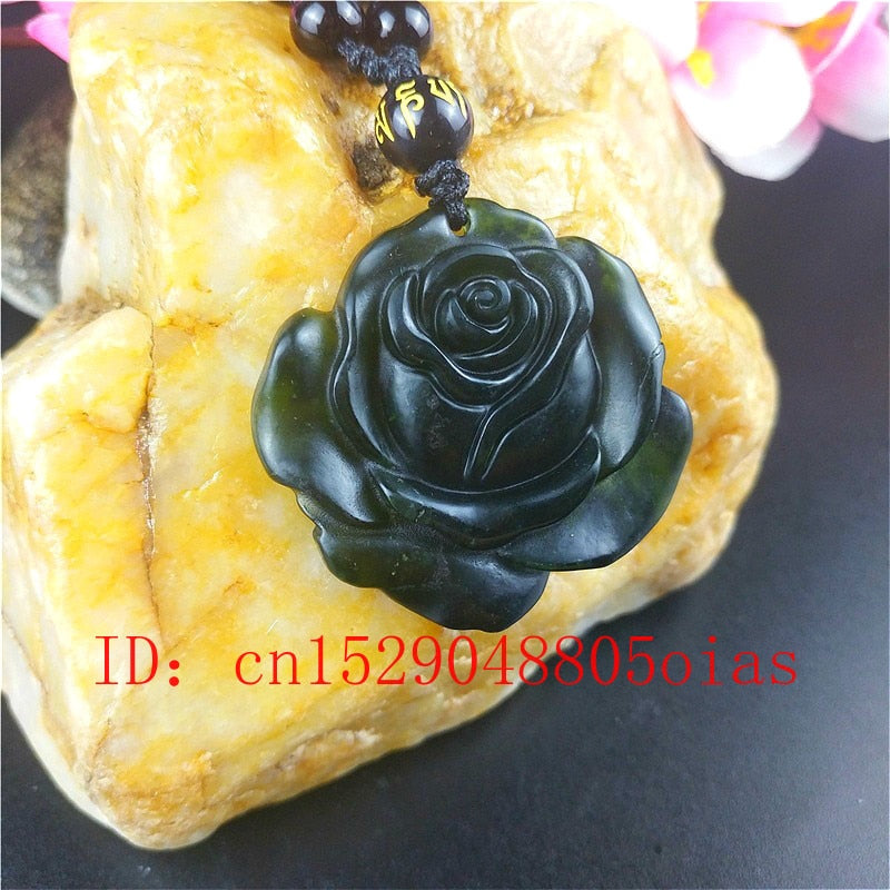 Natural Black Green Jade Rose Pendant Necklace