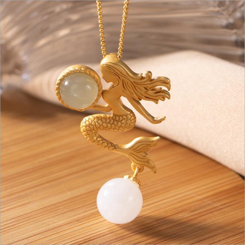 Natural Hetian Jade Mermaid Pendant Necklace