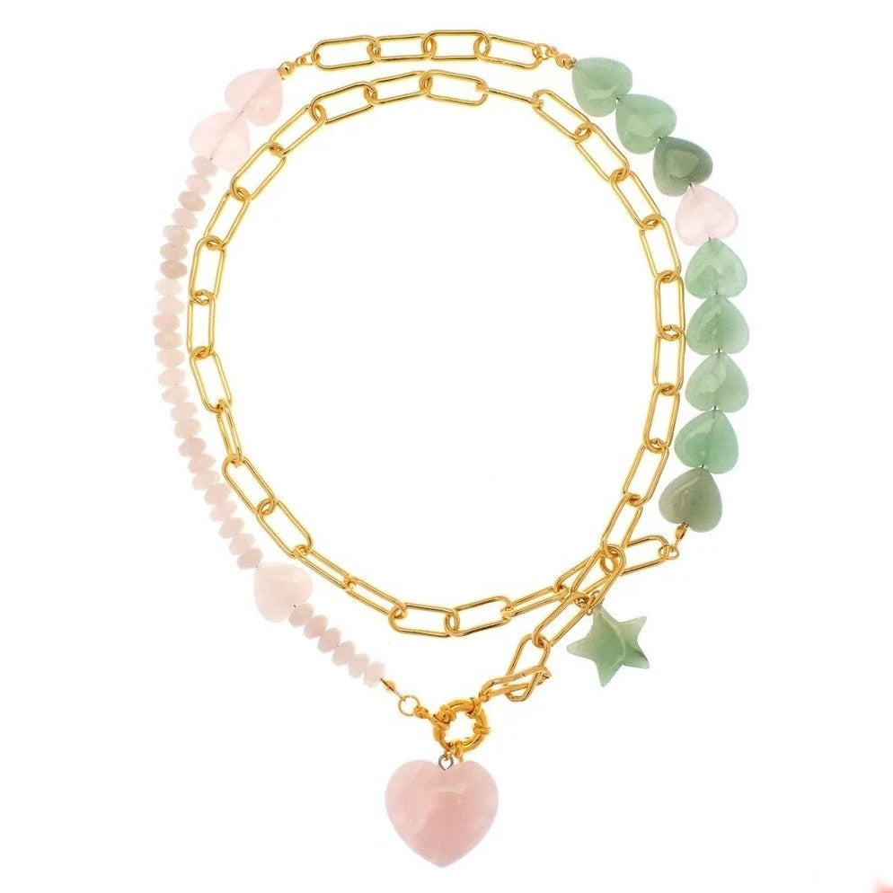 gem pink quartz jade heart Pendant Choker Necklace