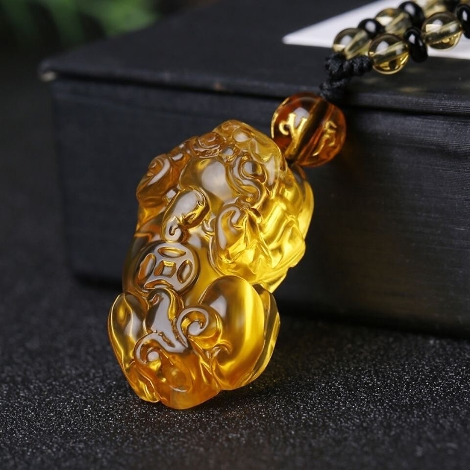 Yellow Crystal Pendant Hand Carved Natural Amulet