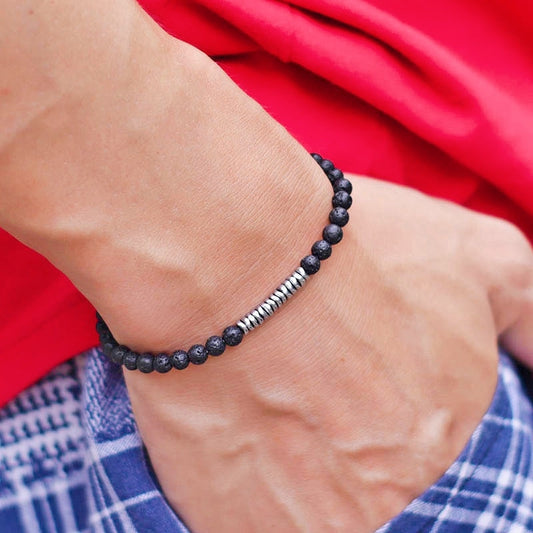 Bracelet Men Natural Volcanic Rock Tiger Eye Beaded