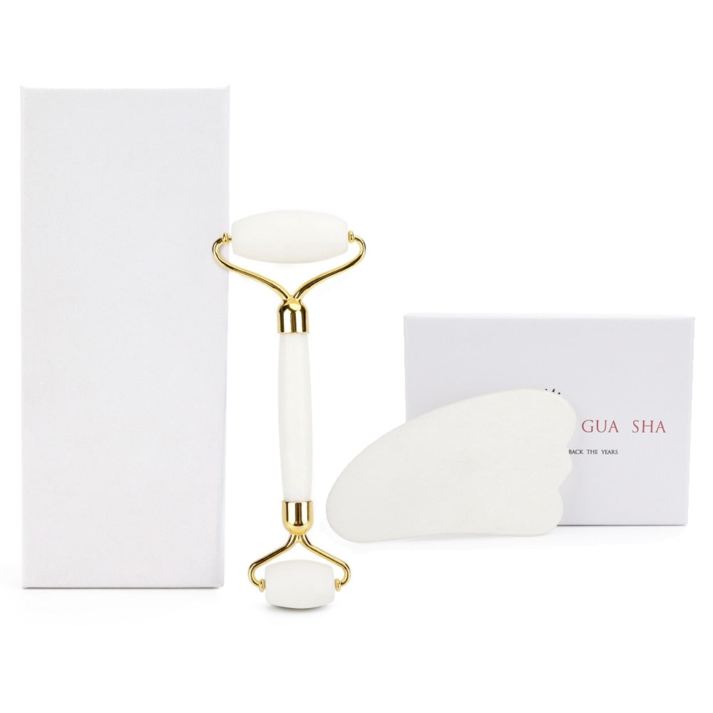 White Jade Roller Gua Sha Set Massage Tool White