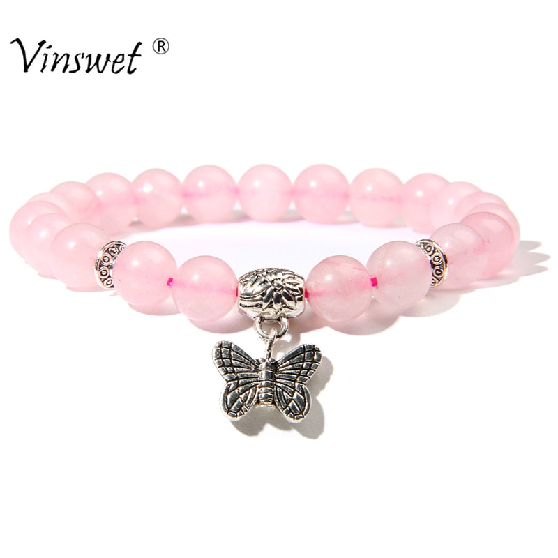 Natural Pink Quartzs Bracelet Butterfly Pendant