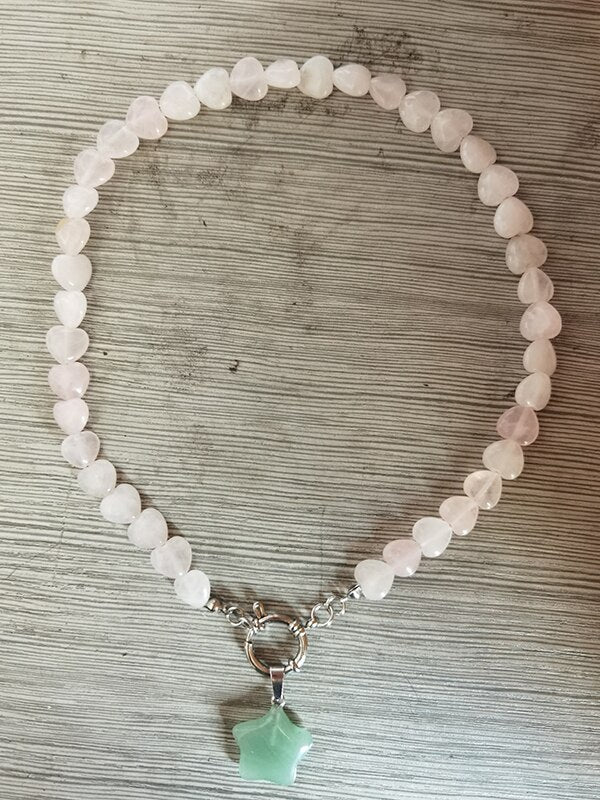 gem pink quartz jade heart Pendant Choker Necklace