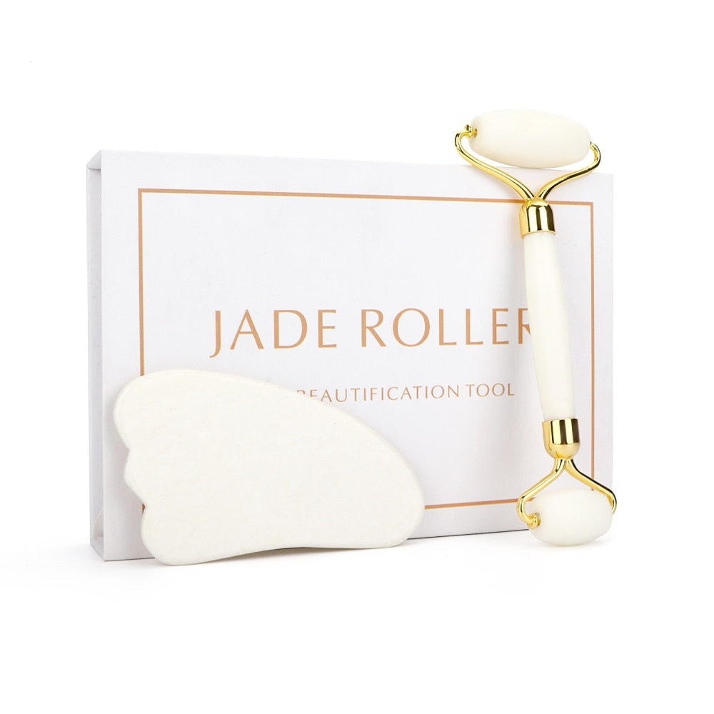 White Jade Roller Gua Sha Set Massage Tool White