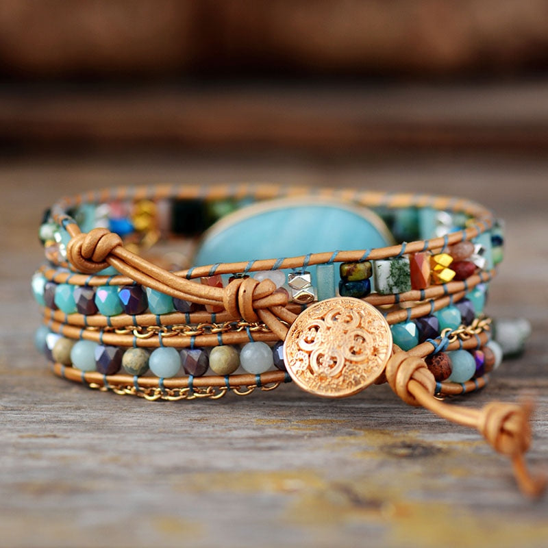 Multilayered Leather Wrap Bracelet W/ Natural Stone