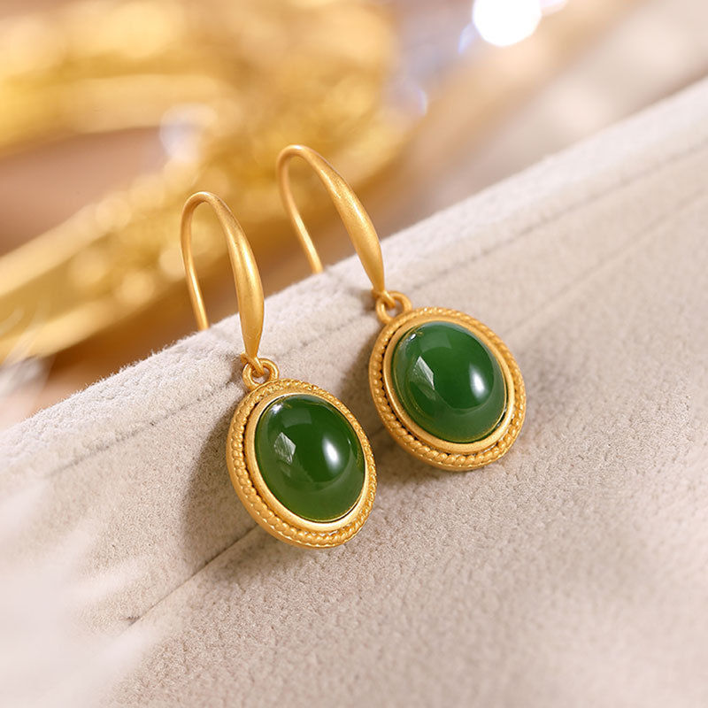 Natural Hetian jade green oval earrings exquisite