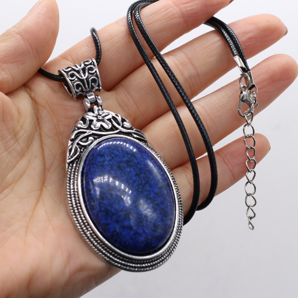 Stone Necklace Oval Shape Crystal Opal Blue Sand