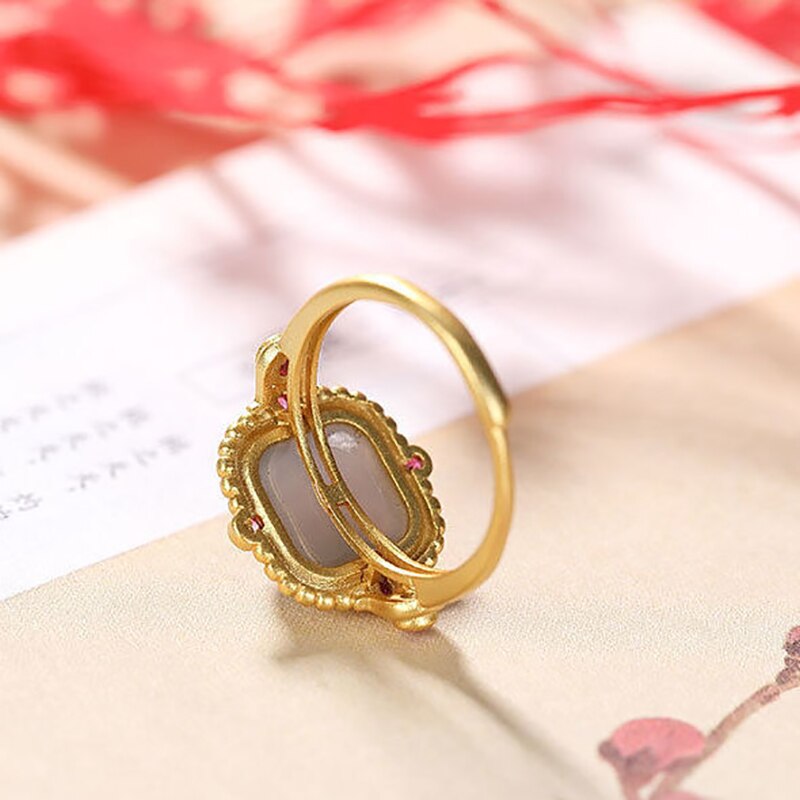 Natural Hetian jade Ruby Ring Chinese classical geometry