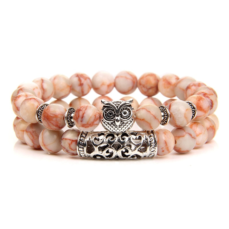 Owl Charm Bracelet Natural Stone Tiger Eye Lava