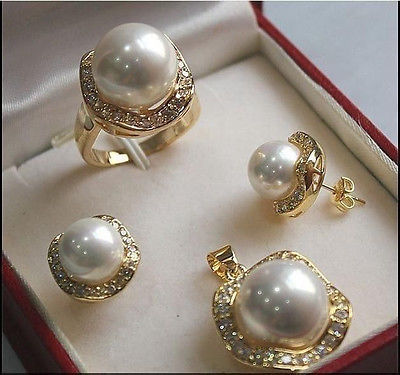 Shell Pearl jade Earrings Necklace Ring Set