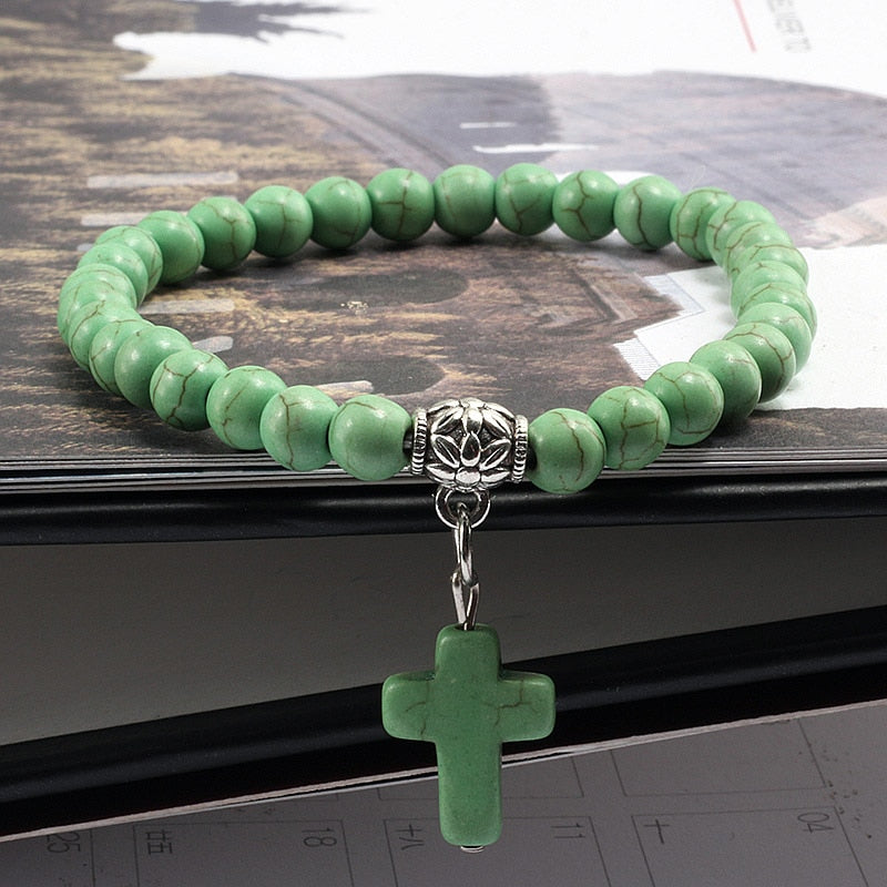 Vintage Cross Natural Stone 6mm Beads Bracelet