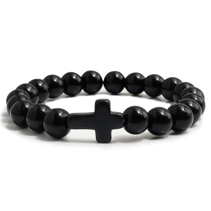 Charm Natural Stone Bracelet Cross Black Lava Matte