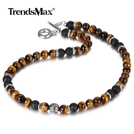 Unique Natural Tiger Eyes Stone Lava Bead Necklace