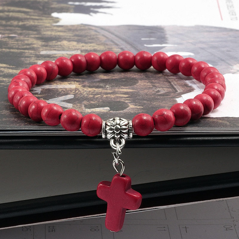 Vintage Cross Natural Stone 6mm Beads Bracelet