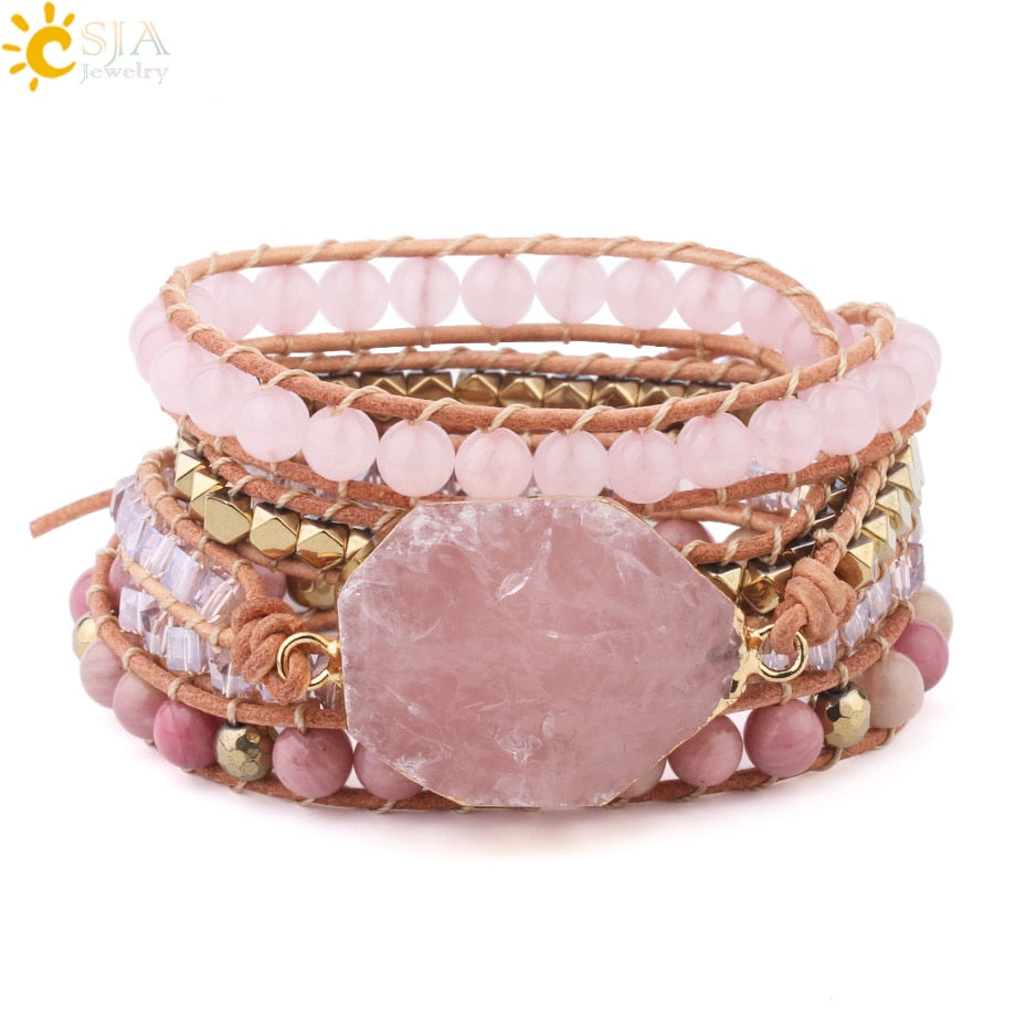 Natural Stone Bracelet Pink Quartz Leather Wrap
